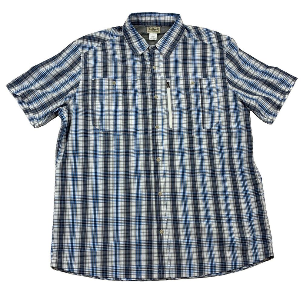 LL Bean Shirt Mens XLT Plaid Button Up Short Sleeve Outdoors Hiking Zip Pocket